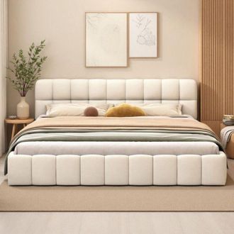 OEM Cama 140x190 - Dise&ntilde;o Moderno - Cabecero Acolchado - Estructura De Madera - Tela De Lino Beige