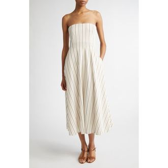 Max Mara Fervida Stripe Bustier Cotton & Linen Midi Dress in Sand at Nordstrom, Size 16