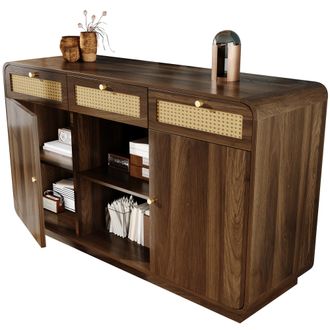STILVORA Aparador Con 3 Cajones, 2 Armarios Y Estante Abierto, Estilo Retro, En Mdf Y Tablero De Part&iacute;culas, 120&times;40&times;85 Cm, Nogal