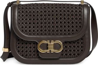 Ferragamo Double Gancini Woven Leather Crossbody Bag in Testa Di Moro at Nordstrom