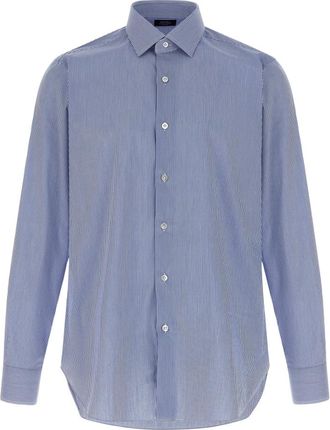 Barba Handgestikt gestreept katoen poplin overhemd - Heren - Zakelijke Overhemden - Blauw - 5XL - Katoen - Overhemden