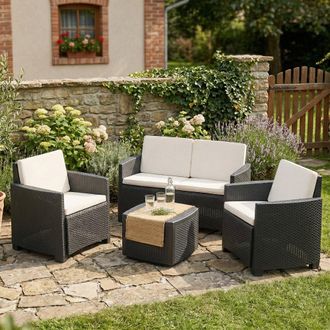 Dmora Dmora Sal&oacute;n De Jard&iacute;n Catanzaro, Conjunto De Jard&iacute;n Con 2 Sillones, 1 Sof&aacute; Y 1 Mesa De Almacenamiento, Efecto Rat&aacute;n Con Cojines, 100% Made In Italy, A