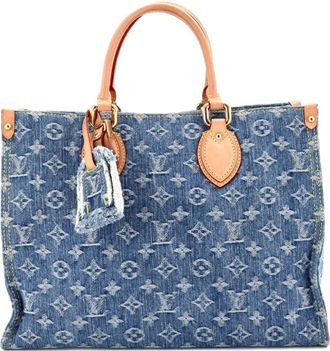 Louis Vuitton Borsa tote OnTheGo MM in denim con monogramma - Blu