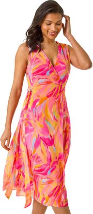 Roman Womens Floral Print Wrap Chiffon Midi Dress - Pink - Size 10 UK