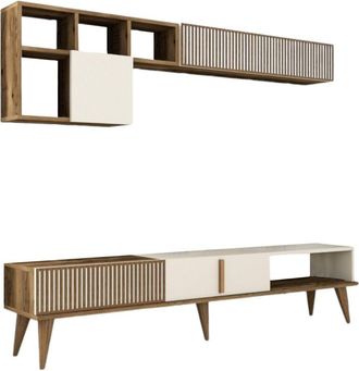 Dmora Dmora - Pared Equipada Kepler, Composici&oacute;n De La Sala De Estar, Muebles De Sal&oacute;n Multiusos, Gabinete De Tv, 180x35 H40 Cm, Nogal Y Crema