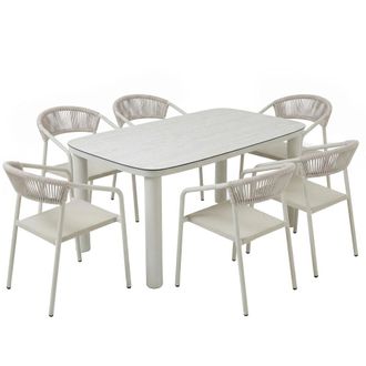 Oviala Mesa de jard&iacute;n de aluminio de 150x90 cm y 6 sillas textilene beige