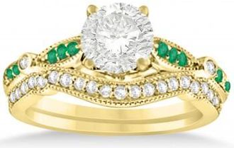 Allurez Marquise & Dot Emerald Vintage Bridal Set in 14k Yellow Gold (0.29ct)