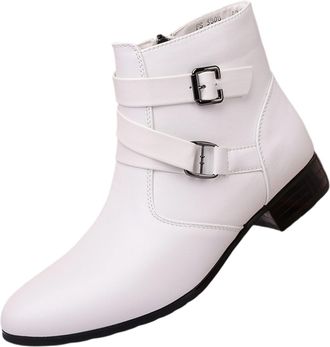 Generic Mens Fashion Pointed Toe Chelsea Boot Buckle Straps Side Zipper Chunky Low Heel Western Formal Dress Boots Ankle Boots (White,12.5)