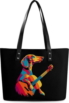 Generic Dachshund Playing Guitar Tote Bags for Women Cute Shoulder Purses Handbags