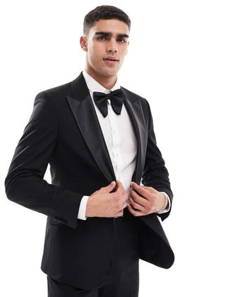 Asos Giacca da abito stile smoking skinny nera con spacco basso-Nero