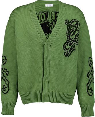 Off-white V-neck intarsia-knit cardigan - men - Cotton/Polyamide - S - Green