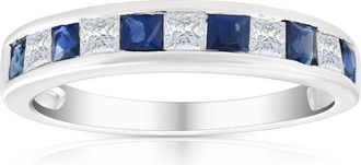Pompeii3 1 Ct Princess Cut Blue Sapphire & Diamond Ladies Wedding Ring 14k White Gold