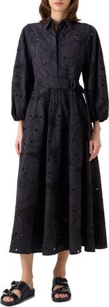Akris Floral Embroidered Eyelet Cotton Poplin Shirtdress in Black at Nordstrom, Size 12