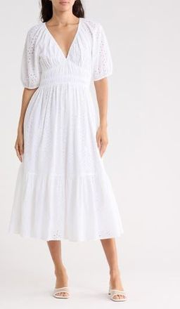NSR Eyelet Shirred Midi Dress in White at Nordstrom Rack, Size X-Large
