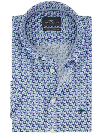 Fynch-Hatton Overhemd Fynch Hatton blauw print korte mouw borstzak