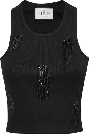 Philipp Plein Jersey Rib Tank Top Fringe - Dames - Tops zonder mouwen - Zwart - XL - Katoen - Tops