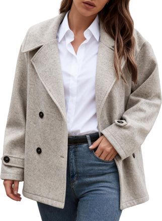 Generic Womens Winter Loose Fit Cropped Wool Coat Double Breasted Dressy Short Blazer Jacket Office Womens Winter Coats Short Wool Coat Light Grey