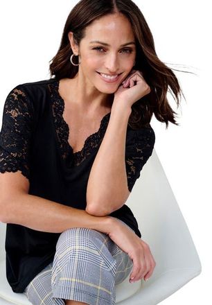 Jessica London Lace Trim V Neck Top in Black at Nordstrom, Size Medium