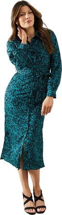 Wallis Leopard Long Sleeve Belted Shirt Dress, 10, Teal