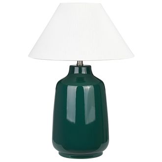 Beliani L&aacute;mpara De Mesa De Cer&aacute;mica Verde Oscuro Blanco Crema 57 Cm Pantalla Tela Careta