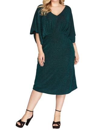 She + Sky Kimono Sleeve Lurex Stretch Midi Dress - Plus In Teal Green