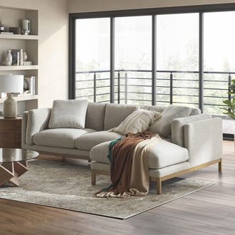 Castlery Owen Chaise Sectional Sofa, Right Hand Facing, Pearl Beige, Natural Wood Legs