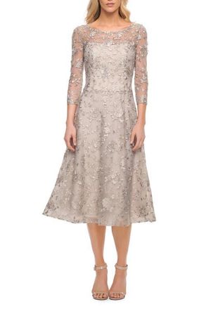 La Femme Tea Length Dress with Full Skirt in Lace in Pearl Silver at Nordstrom, Size 12