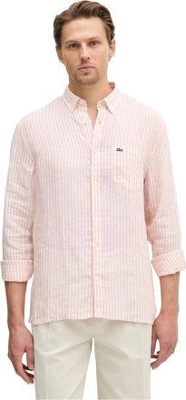 Lacoste Regular Fit Gestreept Linnen Overhemd - Heren - Casual Overhemden - Roze - 4XL - Linnen - Overhemden