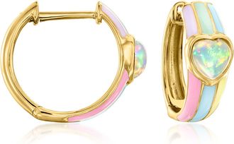 Ross-Simons Opal Heart Hoop Earrings With Multicolored Pastel Enamel in 18kt Gold Over Sterling