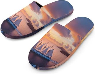 Generic Sailing Ship Sunset Mens Cozy House Slippers Winter Warm Shoes with Anti-Slip Sole for Travel Indoor Outdoor