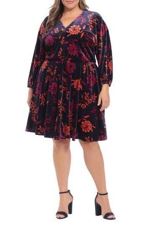 London Times Floral Velvet Fit & Flare Dress in Navy/org at Nordstrom Rack, Size 1X