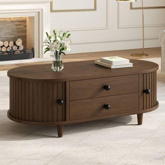 Matteo Oval Walnut MDF Coffee Table with Sliding Storage Doors