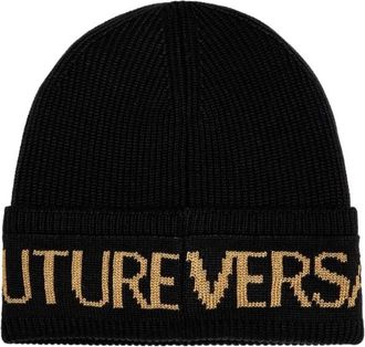 Versace Jeans Couture Intarsia Logo Ribbed Beanie - unisex - Hoeden - Zwart - ONE Size - Accessoires