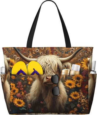Generic Highland Cow Print Large Beach Bag Foldable Travel Shoulder Tote Bag With Pocket For Weekender Pool Vacation