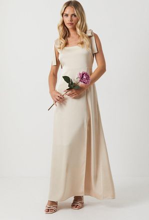 Oasis Womens Petite Satin Tie Shoulder Midi Bridesmaids Dress - Champagne - Size 10 UK