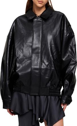 Lioness Kenny Oversize Faux Leather Bomber Jacket in Jet Black at Nordstrom, Size X-Small