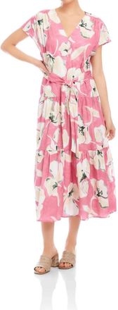 Fifteen Twenty Kristine Tiered Front Slit Midi Dress In Peony Pink With Cream/off White Floral Print