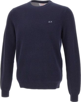 Sun 68 Moss Stitch Crew-neck Sweater - Heren - Ronde hals truien - Blauw - M - Katoen - Truien & Vesten