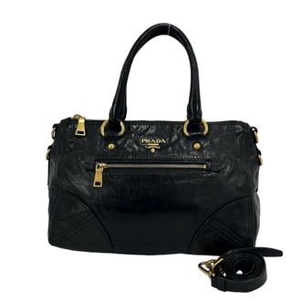 Prada Black Leather Boston Bag Handbag Shoulder Bag Tote Bag (Pre-Owned)