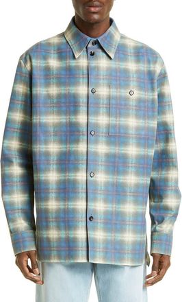 Bottega Veneta Plaid Flannel Print Leather Shirt Jacket in 4116 Multi Light Blue at Nordstrom, Size 38 Us