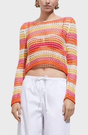 Mango Stripe Boxy Openwork Sweater in Orange at Nordstrom, Size Small