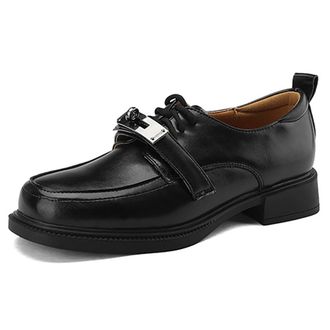 Generic Eestfy Womens Chunky Oxford Loafers PU Leather Round Toe Shallow Top Lace-Up Shoes Metal Buckle Detail British Style Comfort Flats for Office & Daily 