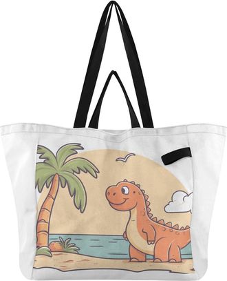 Generic Dinosaur Palm Beige print Reusable Canvas Tote Bag, Heavy Duty Grocery Shopping Bag with Double Handles Hard Bottom Large Capacity Work Groceries Trav