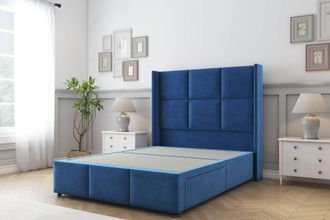 Sloomy Beaumont Plush Divan Base 2 Drawers-54 Wing Headboard & Footboard in Blue | Size: King