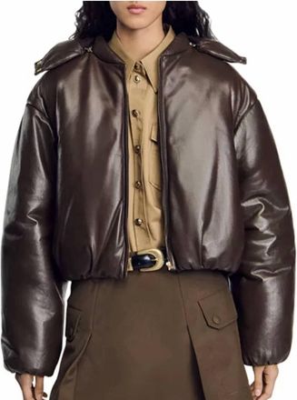 Sandro Raven Padded Leather Jacket In Brown