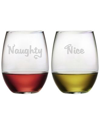 SUSQUEHANNA GLASS Naughty & Nice Set of Two 21oz Stemless Wine Glasses