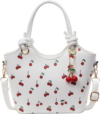 Generic PU Leather Bucket Top-handle Bag Women Cherry Crossbody Bag & Pendant (White)