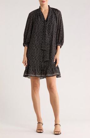 Max Studio Tie Neck Balloon Sleeve Trapeze Dress in Black/Ivory Random Dot at Nordstrom Rack, Size X-Small
