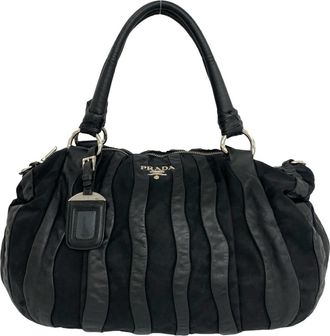 Prada Black Leather Nylon Handbag Shoulder Bag Tote Bag (Pre-Owned)