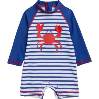 Little Me Crab Long Sleeve UPF 50+ One-Piece Rashguard Swimsuit in Blue Stripe at Nordstrom, Size 6-9M